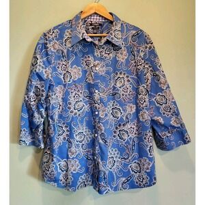 Chaps Blue Floral 3/4 Sleeve No Iron Button Up Shirt Sz 2X